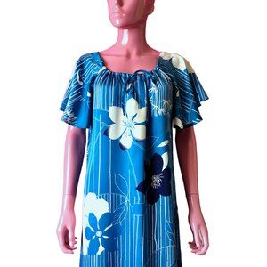 Vintage 80s M Trapeze Dress Maxi Hawaii Style Blue White Tropical Floral Bamboo